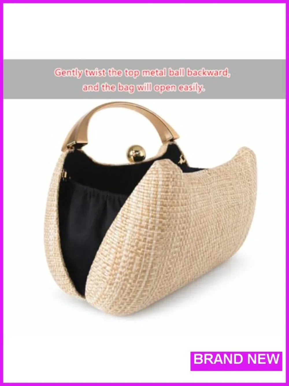 Straw Clutch Handbag with Chain Woven Shoulder Crossbody Purse